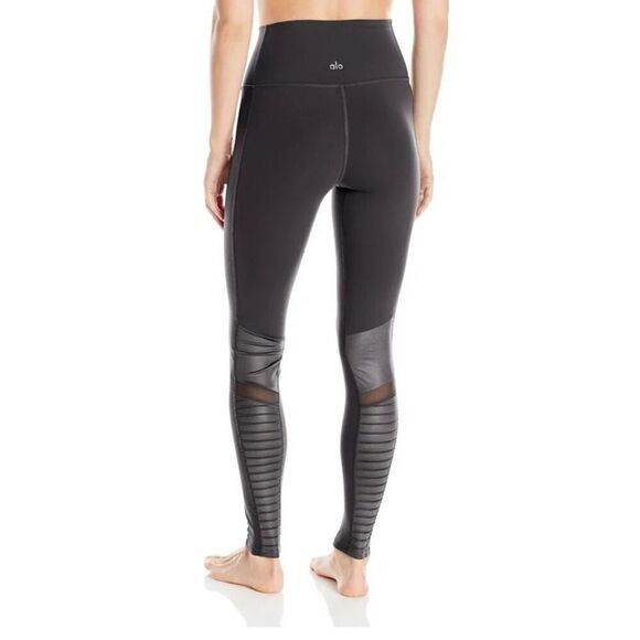 Alo Yoga Womens Flat Front High Waist Mesh Moto Panels Active Leggings Black Siz - Picture 4 of 13